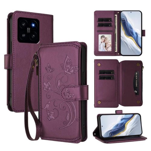 Funda de cuero con cremallera para Xiaomi 14, diseño de mariposas y flores, con múltiples tarjetas (morado oscuro)