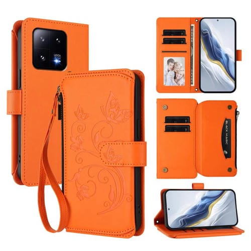 Funda de cuero con cremallera para Xiaomi 13 Pro, diseño de mariposas, flores y mariposas (naranja)