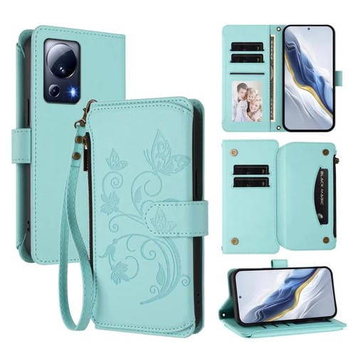 Funda de cuero con cremallera para Xiaomi 13 Lite / Civi 2, diseño de mariposas y flores (verde menta)