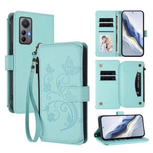 Funda de cuero con cremallera para Xiaomi 12 Lite, diseño de mariposas, flores y mariposas (verde menta)