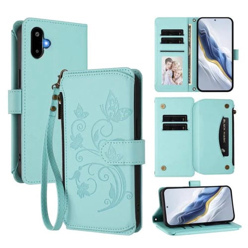 Funda de cuero con cremallera para Samsung Galaxy M06 5G / F06 5G, diseño de mariposas, flores y amor, con múltiples tarjetas (verde menta)