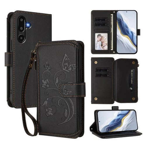 Funda de cuero con cremallera para Samsung Galaxy M16 5G / F16 5G, diseño de mariposas, flores y amor, con múltiples tarjetas (negro)