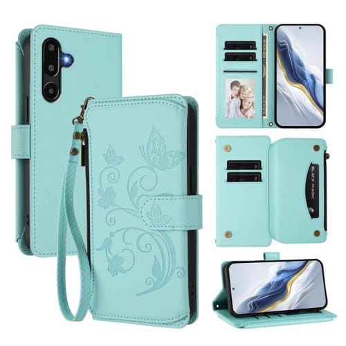 Funda de cuero con cremallera para Samsung Galaxy M16 5G / F16 5G, diseño de mariposas, flores y amor, con mĂșltiples tarjetas (verde menta)