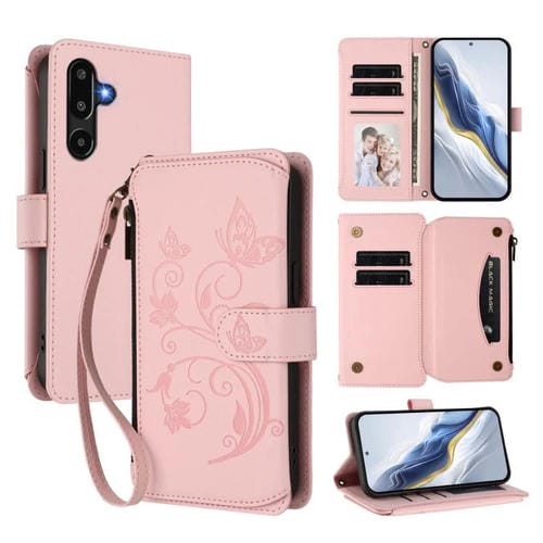 Funda de cuero con cremallera para Samsung Galaxy M16 5G / F16 5G, diseño de mariposas, flores y amor, con mĂșltiples tarjetas (rosa)