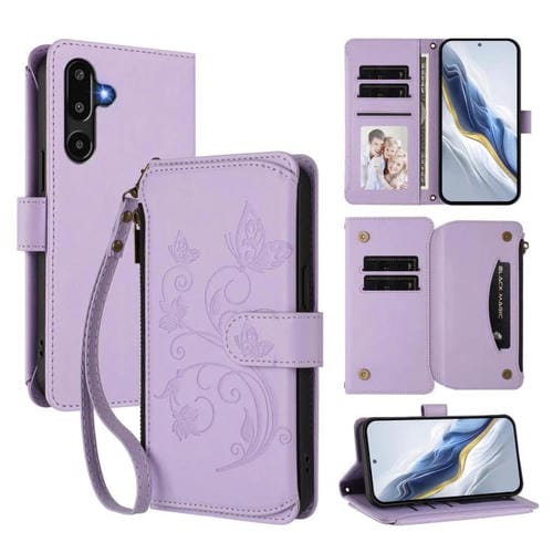 Funda de cuero con cremallera para Samsung Galaxy M16 5G / F16 5G, diseño de mariposas, flores y amor, con mĂșltiples tarjetas (morado claro)