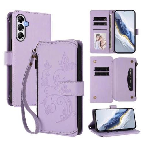 Funda de cuero con cremallera para Samsung Galaxy M14 5G, diseño de mariposas, flores y amor, con mĂșltiples tarjetas (morado claro)