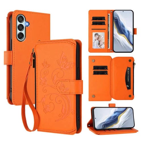 Funda de cuero con cremallera para Samsung Galaxy M15 5G / F15 5G, diseño de mariposas, flores y amor (naranja)