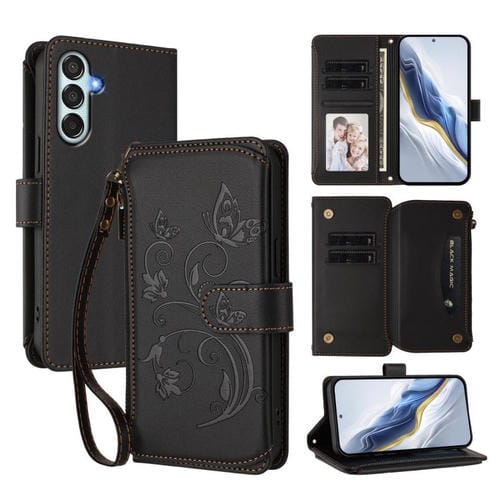 Funda de cuero con cremallera para Samsung Galaxy M34 5G / F34 5G, diseño de mariposas, flores y amor, con mĂșltiples tarjetas (negro)