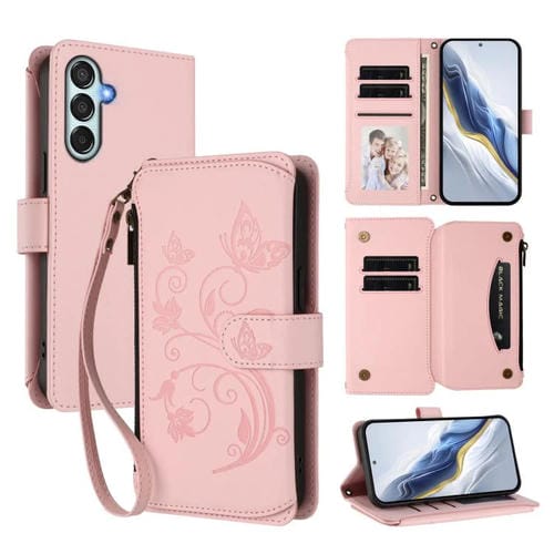 Funda de cuero con cremallera para Samsung Galaxy M34 5G / F34 5G, diseño de mariposas, flores y amor, con mĂșltiples tarjetas (rosa)