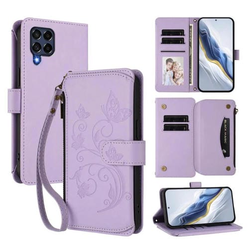 Funda de cuero con cremallera para Samsung Galaxy M53 5G, diseño de mariposas, flores y amor, con mĂșltiples tarjetas (morado claro)
