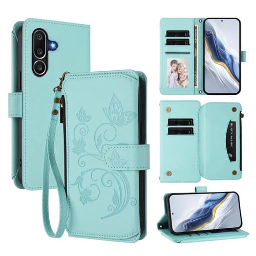 Funda de cuero con cremallera para Samsung Galaxy M56 5G, diseño de mariposas, flores y amor, con múltiples tarjetas (verde menta)