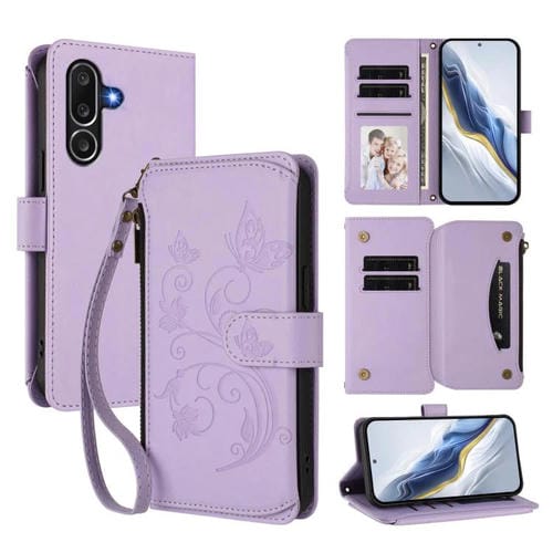 Funda de cuero con cremallera para Samsung Galaxy M56 5G, diseño de mariposas, flores y amor, con múltiples tarjetas (morado claro)