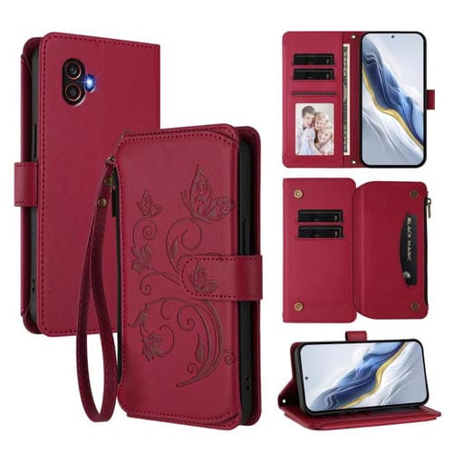 Funda de cuero con cremallera para Samsung Galaxy XCover6 Pro, diseño de mariposas, flores y amor (rojo vino)