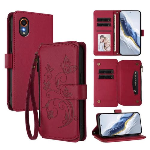 Funda de cuero con cremallera para Samsung Galaxy XCover7 5G, diseño de mariposas, flores y amor, con mĂșltiples tarjetas (rojo vino)
