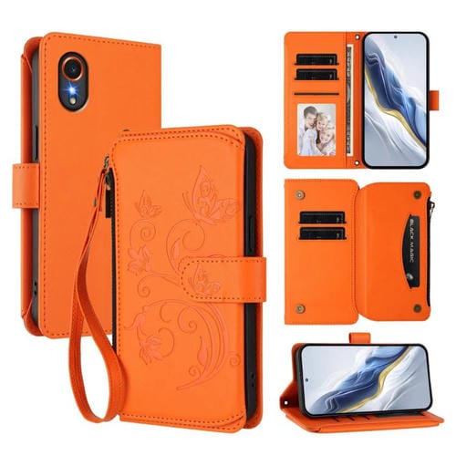 Funda de cuero con cremallera para Samsung Galaxy XCover7 5G, diseño de mariposas, flores y amor, con mĂșltiples tarjetas (naranja)