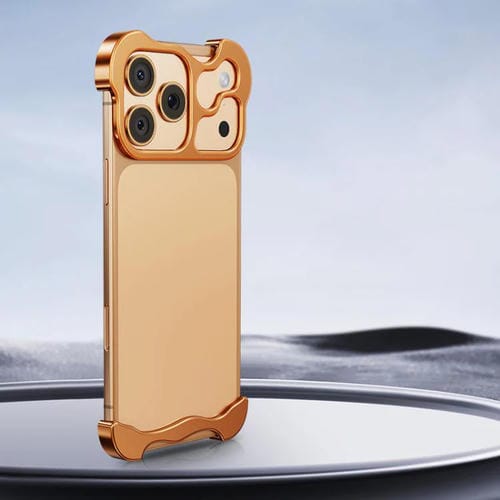 Funda para iPhone 17 Pro sin marco con esquinas metálicas y protector de lente (dorado)
