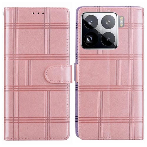 Funda de cuero con relieve a cuadros para Xiaomi 15 Pro (rosa)
