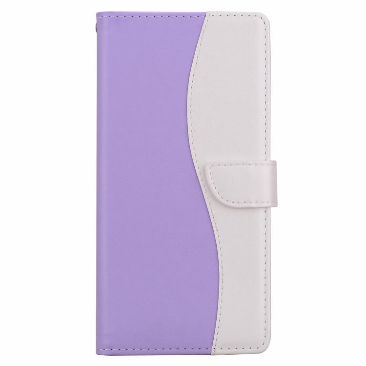 Funda de cuero bicolor con relieve para iPhone 16e (morado y blanco)