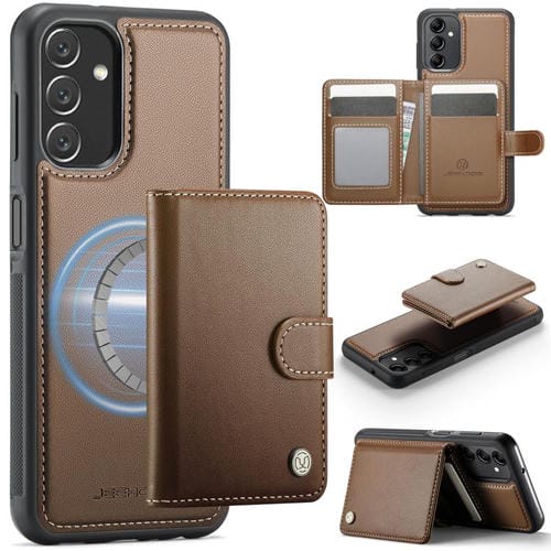 Funda de cuero con hebilla magnética y RFID para Samsung Galaxy A14 4G / 5G / M44 5G JEEHOOD J09 (marrón)