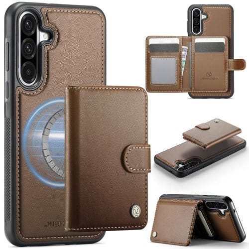 Funda de cuero con hebilla magnética para Samsung Galaxy A56 5G JEEHOOD J09, con ranuras para tarjetas, MagSafe, RFID (marrón)
