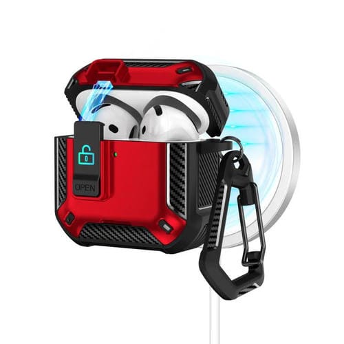 Estuche magnético MagSafe de dos colores para AirPods 4 con soporte y cierre de seguridad (negro y rojo)