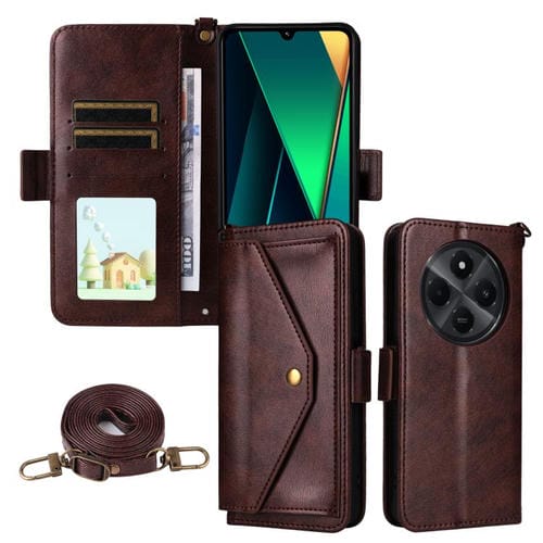 Funda de piel de vacuno cruzada con ranuras para múltiples tarjetas para Redmi 14C 5G / 4G / A4 5G (marrón)