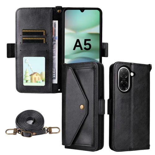 Funda de piel de vacuno cruzada con ranuras para múltiples tarjetas para Redmi A5 4G (173,3 mm) (Negro)
