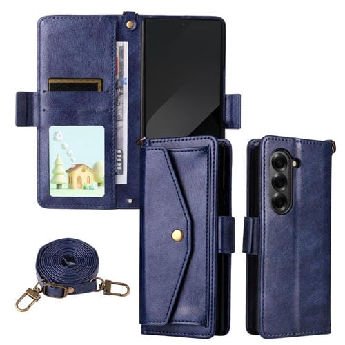 Funda de piel de vacuno cruzada con ranuras para múltiples tarjetas para Samsung Galaxy Z Fold4 5G (azul)