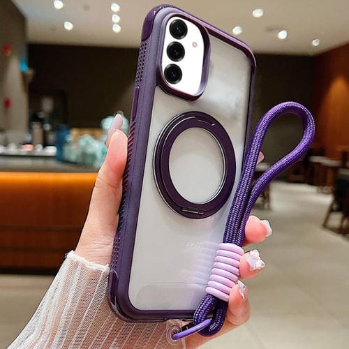 Funda MagSafe para Samsung Galaxy S25+ / S24+ 5G con borde transparente, rotación y correa de muñeca (morado oscuro)