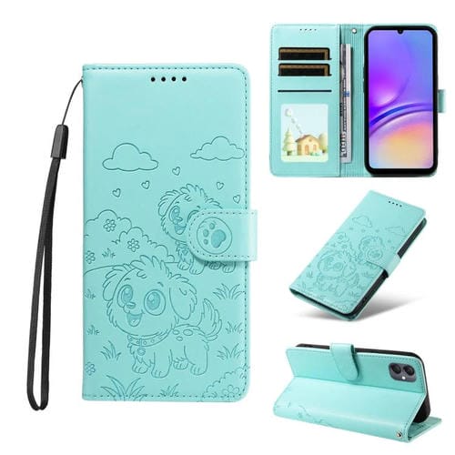 Funda de cuero tipo billetera con bloqueo RFID para Samsung Galaxy A05, con diseño de corazón y perro en relieve (verde)