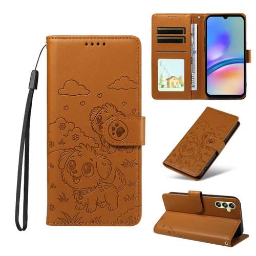 Funda de cuero tipo billetera con bloqueo RFID y diseño de corazón de perro en relieve para Samsung Galaxy A05s (marrón)