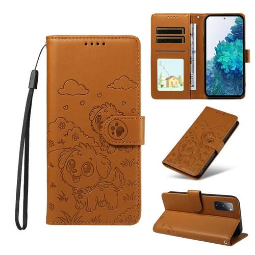Funda de cuero con bloqueo RFID para Samsung Galaxy S20 FE con diseño de corazón y perro en relieve (marrón)