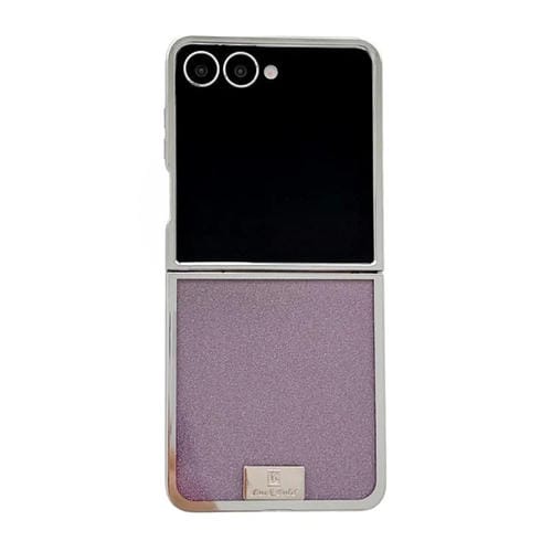 Funda para Samsung Galaxy Z Flip5 con marco chapado, placa de identificación de papel brillante y cobertura total (morado)