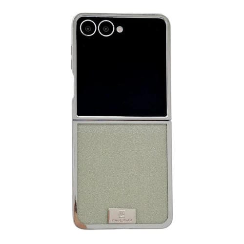 Funda para Samsung Galaxy Z Flip5 con marco chapado, papel brillante y placa de identificación de cobertura completa (verde)