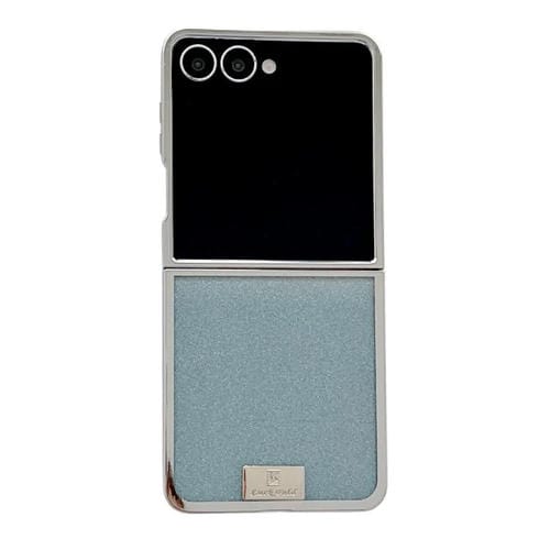 Funda para Samsung Galaxy Z Flip5 con marco chapado, placa de identificaciĂłn de papel brillante, cobertura total (azul)