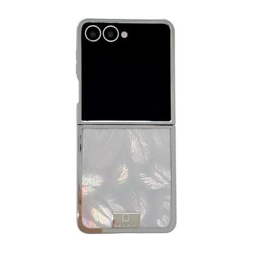 Funda para Samsung Galaxy Z Flip7 5G con marco chapado, placa de identificación de papel brillante y cobertura total (pluma plateada)