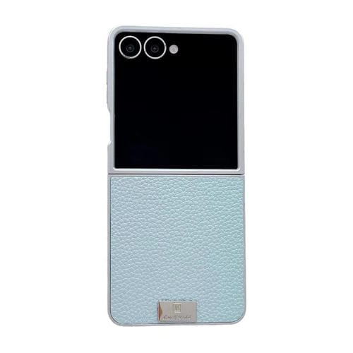 Funda para Samsung Galaxy Z Flip7 5G con marco plateado, textura de lichi y placa de identificación (azul)