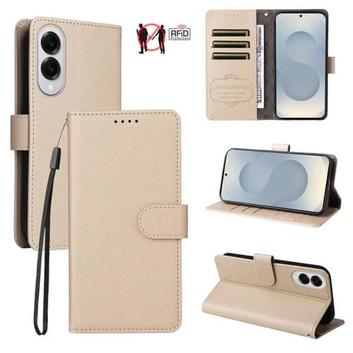 Funda de cuero tipo billetera con bloqueo RFID para Samsung Galaxy S25 Edge 5G, textura Litchi, para 3 tarjetas (beige)