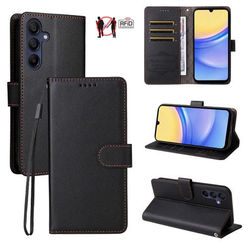 Funda de cuero con textura Litchi para Samsung Galaxy A15 4G/5G, con bloqueo RFID y capacidad para 3 tarjetas (negra)