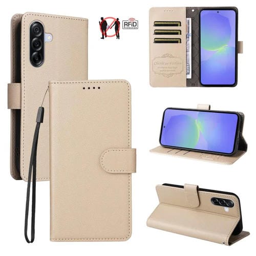 Funda de cuero tipo billetera con textura Litchi y bloqueo RFID para Samsung Galaxy A36 5G (beige)