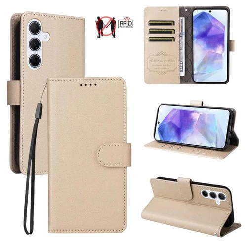 Funda de cuero tipo billetera con textura Litchi y bloqueo RFID para Samsung Galaxy A55 5G (beige)
