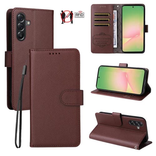 Funda de cuero con textura Litchi para Samsung Galaxy A56 5G, con bloqueo RFID y capacidad para 3 tarjetas (marrón)