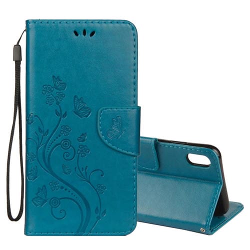 Funda de Cuero con Tapa Horizontal para iPhone Xs Max con Patrón de Mariposa, Ranura para Tarjeta, Soporte, Billetera y Cordón (Azul)