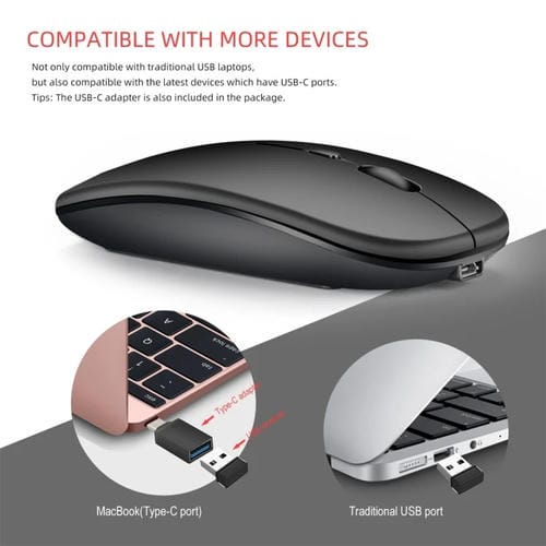Mouse inalámbrico Hxsj M90 2.4Ghz ultradelgado silencioso recargable modo dual Bluetooth para notebook PC (Negro)