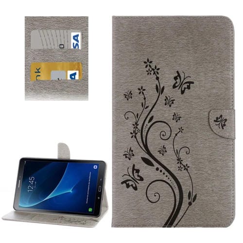 Para Galaxy Tab A 10.1 (2016) / P580 Butterflies Love Flowers Estuche de cuero con tapa horizontal en relieve con soporte, ranuras para tarjetas y billetera (gris)
