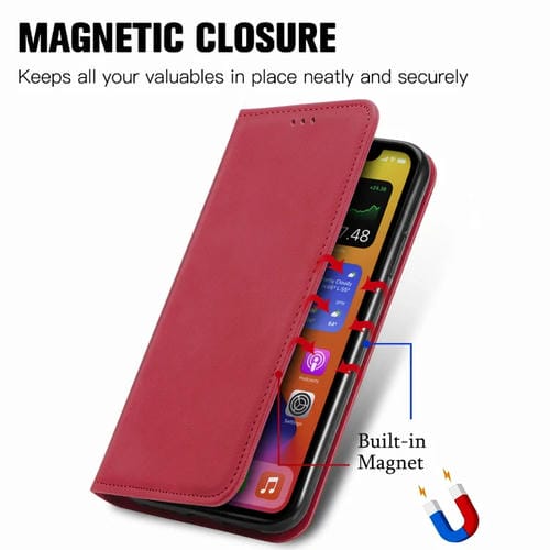 Funda para iPhone 12 Pro Max Cuero Retro Skin Feel Tapa Horizontal Magnética Soporte Ranuras Tarjetas Billetera Marco Fotos (Rojo)