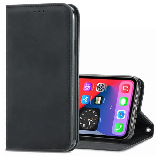 Funda de Cuero iPhone 12/12 Pro Retro Skin Feel Business con Tapa Magnética Soporte y Ranuras para Tarjetas (Negro)