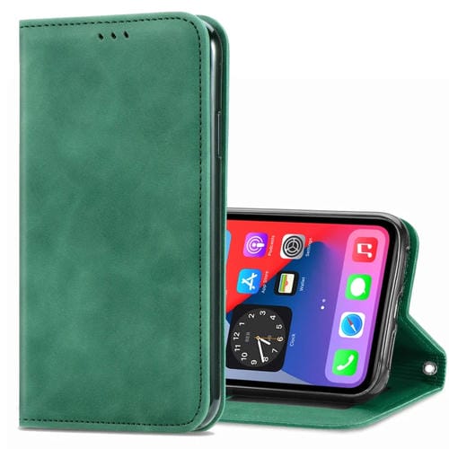 Funda para iPhone 12/12 Pro Business Cuero con Tapa Horizontal Magnética Soporte Ranuras Tarjetas Billetera Marco Fotos (Verde)