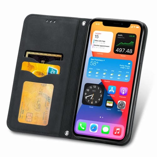 Funda para iPhone 12 Mini Cuero Retro Skin Feel con Tapa Horizontal Magnética Soporte Ranuras Tarjetas Billetera Marco Fotos (Negro)