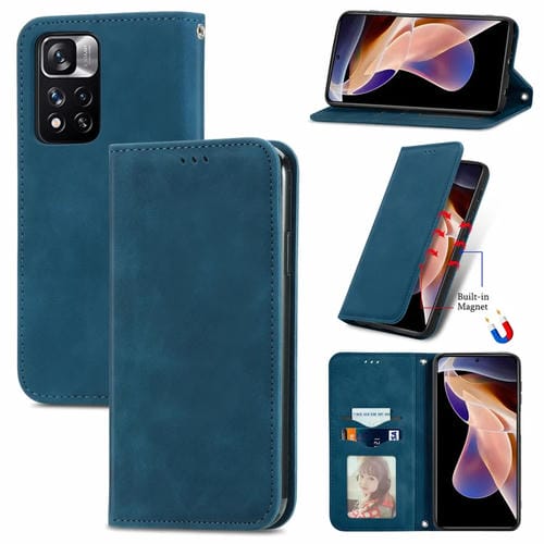 Para Xiaomi Redmi Note 11 PRO / 11 PRO + Piel Retro Siente Magnetic Horizontal Flip Funda (Azul)